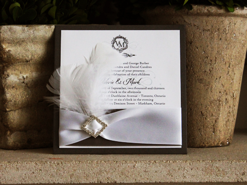 Invitation 749: Charcoal Pearl, White Smooth, Charcoal Ribbon, White Ribbon, Brooch/Buckle P, Feather Color White