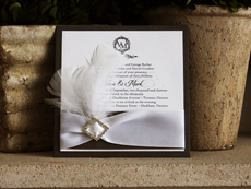 Invitation 749: Charcoal Pearl, White Smooth, Origins, High Tower, Charcoal Ribbon, White Ribbon, Brooch/Buckle P, Feather Color White