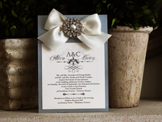 Invitation 755: Chalice Silver Pearl, Cream Smooth, Yesterday, High Tower, Antique Ribbon, Brooch/Buckle A6