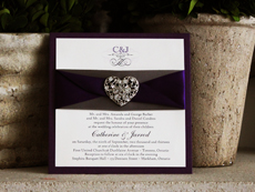 Invitation 757: Purple Pearl, Cream Smooth, English Adagio, High Tower, Charcoal Ribbon, Purple Ribbon, Brooch/Buckle U
