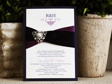 Invitation 759: Navy Pearl, Cream Smooth, Scriptina, High Tower, Grape Ribbon, Navy Ribbon, Brooch/Buckle A1
