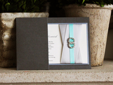 Invitation 769: Charcoal Pearl, Galvanized Dark Silver, Cream Smooth, Devon, High Tower, Silver Ribbon, Silver Ribbon, Aqua Ribbon, Brooch/Buckle C