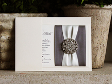 Invitation 771: Ivory Pearl, White Gold, Cream Smooth, Sloop, High Tower, Charcoal Ribbon, Charcoal Ribbon, Antique Ribbon, Brooch/Buckle X