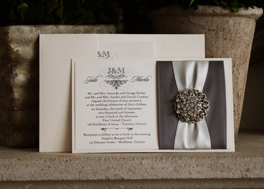 Invitation 771: Ivory Pearl, White Gold, Cream Smooth, Charcoal Ribbon, Charcoal Ribbon, Antique Ribbon, Brooch/Buckle X