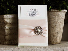 Invitation 775: Champagne Pearl, Champagne Pearl, Cream Smooth, Shelley Volante, High Tower, Blush Ribbon, Antique Ribbon, Blush Ribbon, Blush Ribbon, Brooch/Buckle A6