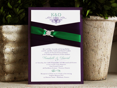 Invitation 776: Purple Pearl, Cream Smooth, Purple Ribbon, Purple Ribbon, Emerald Ribbon, Brooch/Buckle F