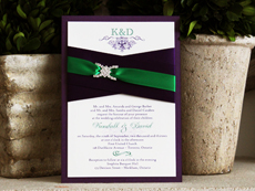 Invitation 776: Purple Pearl, Cream Smooth, Devon, High Tower, Purple Ribbon, Purple Ribbon, Emerald Ribbon, Brooch/Buckle F