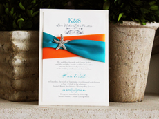 Invitation 777: Ivory Pearl, Cream Smooth, Passions, High Tower, Tangerine Ribbon, Peacock Ribbon, Brooch/Buckle A10