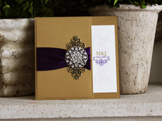 Invitation 778: Kings Gold Pearl, Cream Smooth, English Presto, High Tower, Purple Ribbon, Brooch/Buckle X, Metal Filigree F4 - Bronze