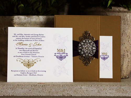 Invitation 778: Gold Pearl, Cream Smooth, Purple Ribbon, Brooch/Buckle X, Metal Filigree F4 - Bronze