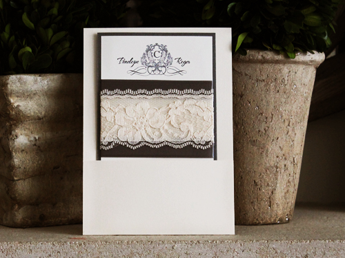 Invitation 781: Ivory Pearl, Charcoal Pearl, Cream Smooth, Charcoal Ribbon, Antique Ribbon, Cream Lace