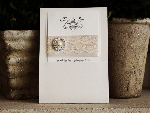 Invitation 1001: White Gold, Ivory Pearl, Cream Smooth, Antique Ribbon, Cream - Thin Lace, Brooch/Buckle G