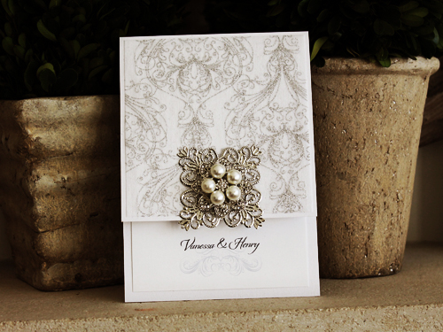 Invitation 1008: Ice Pearl, White Smooth, Brooch/Buckle T, Metal Filigree F4 - Silver