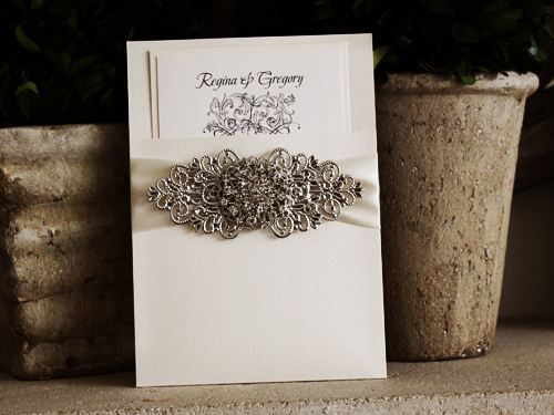Invitation 1009: White Gold, Ivory Pearl, Cream Smooth, Antique Ribbon, Brooch/Buckle X, Metal Filigree F4 - Silver