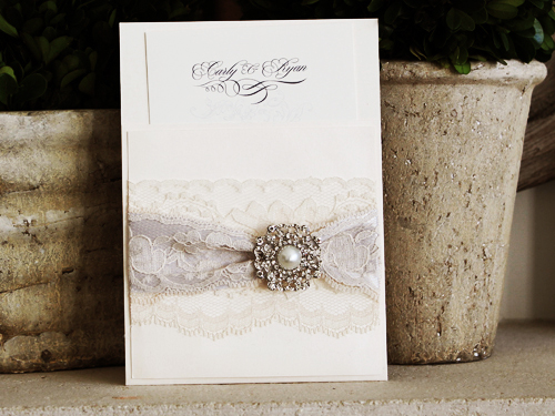 Invitation 1028: Ivory Pearl, Ivory Pearl, Cream Smooth, Silver Ribbon, Cream Lace, Brooch/Buckle Q