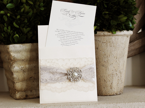 Invitation 1028: Ivory Pearl, Ivory Pearl, Cream Smooth, Silver Ribbon, Cream Lace, Brooch/Buckle Q