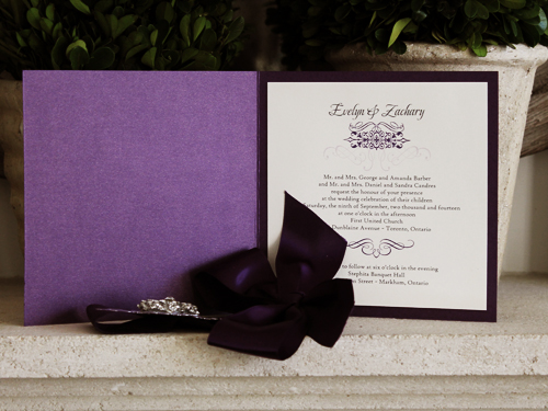 Invitation 1047: Purple Pearl, Cream Smooth, Purple Ribbon, Brooch/Buckle A19, Metal Filigree F4 - Silver