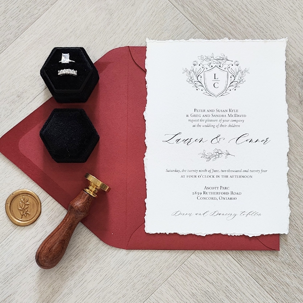 This is a vintage wedding invitation that has the deckle edge effect on the edges of the paper.  The invites are all hand torn to perfection.  There is printed monogram design at the top of the layout.
This event took place at the Ascott Parc in Vaughan, Ontario, Canada.
Ascott Parc combines the elegance of a ballroom wedding with the charm of an outdoor garden setting—all in one location. It’s a good fit for couples who want convenience, flexibility in guest count, and a polished but not over-the-top-luxury price tag. This is a vintage wedding invitation that has the deckle edge effect on the edges of the paper.  The invites are all hand torn to perfection.  There is printed monogram design at the top of the layout.
This event took place at the Ascott Parc in Vaughan, Ontario, Canada.
Ascott Parc combines the elegance of a ballroom wedding with the charm of an outdoor garden setting—all in one location. It’s a good fit for couples who want convenience, flexibility in guest count, and a polished but not over-the-top-luxury price tag.