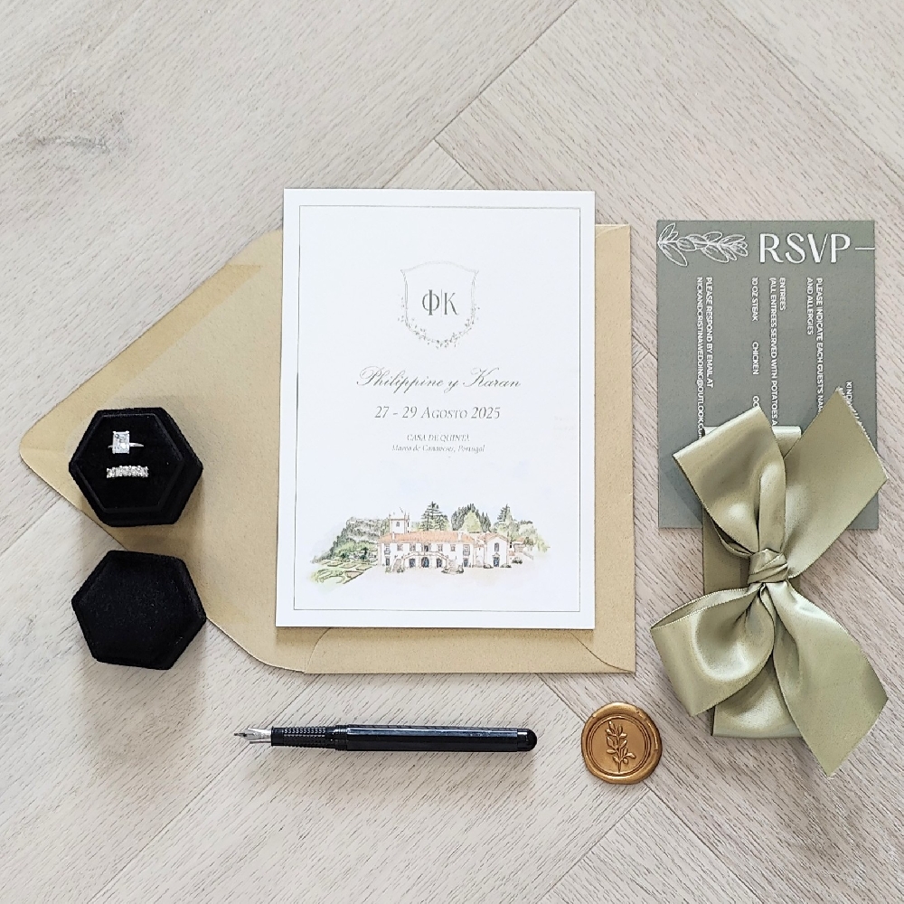 This is a single card wedding invite for  a destination wedding in Portugal.  They opted for a solid green RSVP card with white ink printing.  Along with a light sage 1.5 ribbon bow tied around the invitation.  They used a metallic gold euro flap envelope.
The wedding took place in a lovely venue called Casa Dequinta in Portugal.
Casa Dequinta in Portugal is a beautiful countryside estate that has become a sought-after venue for weddings, especially for couples looking for a blend of rustic charm and elegant sophistication. Set among rolling vineyards, lush gardens, and traditional Portuguese architecture, it provides a romantic backdrop that feels both intimate and luxurious. The property often attracts couples from abroad, making it a popular destination wedding spot, particularly for those drawn to Portugal’s sunshine, affordability compared to other European destinations, and warm hospitality.
Weddings at Casa Dequinta typically make use of both its indoor and outdoor spaces. Ceremonies can be held in the gardens or courtyards surrounded by olive trees, while receptions often take place in the main house or under open-air marquees with fairy lights. Many packages allow customization, from traditional Portuguese catering with wine pairings to modern international menus. The venue is also known for its focus on guest experience, offering accommodations on site or nearby, making it easy for couples to host multi-day celebrations. With a mix of rustic décor, Mediterranean charm, and modern event amenities, Casa Dequinta is ideal for couples seeking a destination wedding that feels personal yet polished. This is a single card wedding invite for  a destination wedding in Portugal.  They opted for a solid green RSVP card with white ink printing.  Along with a light sage 1.5 ribbon bow tied around the invitation.  They used a metallic gold euro flap envelope.
The wedding took place in a lovely venue called Casa Dequinta in Portugal.
Casa Dequinta in Portugal is a beautiful countryside estate that has become a sought-after venue for weddings, especially for couples looking for a blend of rustic charm and elegant sophistication. Set among rolling vineyards, lush gardens, and traditional Portuguese architecture, it provides a romantic backdrop that feels both intimate and luxurious. The property often attracts couples from abroad, making it a popular destination wedding spot, particularly for those drawn to Portugal’s sunshine, affordability compared to other European destinations, and warm hospitality.
Weddings at Casa Dequinta typically make use of both its indoor and outdoor spaces. Ceremonies can be held in the gardens or courtyards surrounded by olive trees, while receptions often take place in the main house or under open-air marquees with fairy lights. Many packages allow customization, from traditional Portuguese catering with wine pairings to modern international menus. The venue is also known for its focus on guest experience, offering accommodations on site or nearby, making it easy for couples to host multi-day celebrations. With a mix of rustic décor, Mediterranean charm, and modern event amenities, Casa Dequinta is ideal for couples seeking a destination wedding that feels personal yet polished.