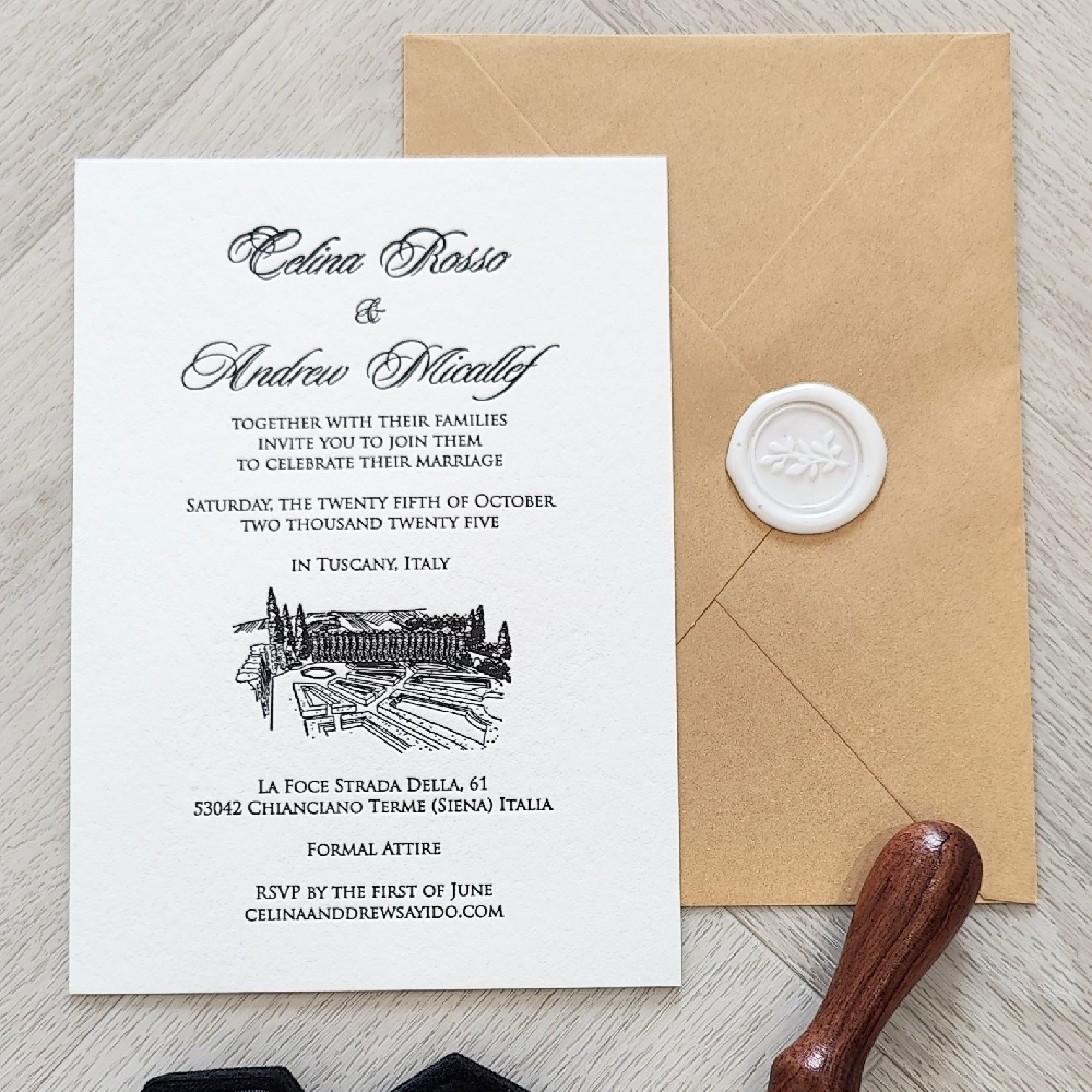 This is a letterpress wedding card printed in black ink with a venue sketch included in the body of the design.  It is paired with a metallic gold envelope with a white branch wax seal embellishment.
This was a destination wedding that took place at La Foce Strada Della in Italy!
La Foce is a historic estate in southern Tuscany, near Montepulciano, famous for its sweeping cypress-lined road—the Strada della Foce—and panoramic views of the Val d’Orcia. Couples are drawn here for the quintessential Tuscan landscape: rolling hills, olive groves, vineyards, and that iconic winding avenue of cypress trees that’s appeared in countless photographs and films. The property dates back to the 15th century and was later restored by Iris Origo and her husband, giving it a rich cultural heritage and elegant yet rustic character.
For weddings, La Foce offers several event spaces, from manicured Renaissance gardens to terraces overlooking the valley. Ceremonies often take place outdoors with the cypress road as a backdrop, creating unforgettable photo opportunities. Receptions can be hosted in the gardens, courtyard, or a beautifully renovated stone villa. The estate can accommodate multi-day celebrations, with on-site villas for guests, wine-focused dining experiences, and easy access to nearby Tuscan towns like Pienza and Montepulciano. This is a letterpress wedding card printed in black ink with a venue sketch included in the body of the design.  It is paired with a metallic gold envelope with a white branch wax seal embellishment.
This was a destination wedding that took place at La Foce Strada Della in Italy!
La Foce is a historic estate in southern Tuscany, near Montepulciano, famous for its sweeping cypress-lined road—the Strada della Foce—and panoramic views of the Val d’Orcia. Couples are drawn here for the quintessential Tuscan landscape: rolling hills, olive groves, vineyards, and that iconic winding avenue of cypress trees that’s appeared in countless photographs and films. The property dates back to the 15th century and was later restored by Iris Origo and her husband, giving it a rich cultural heritage and elegant yet rustic character.
For weddings, La Foce offers several event spaces, from manicured Renaissance gardens to terraces overlooking the valley. Ceremonies often take place outdoors with the cypress road as a backdrop, creating unforgettable photo opportunities. Receptions can be hosted in the gardens, courtyard, or a beautifully renovated stone villa. The estate can accommodate multi-day celebrations, with on-site villas for guests, wine-focused dining experiences, and easy access to nearby Tuscan towns like Pienza and Montepulciano.
