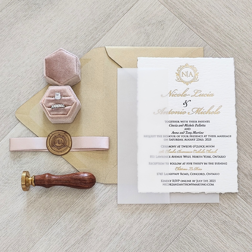 This is an exquisite set of letterpress wedding invitation that has a deckle edge white cotton paper.  The printing is a combination of Gold Foil stamp print along with back letterpress.  There is a full vellum jacket enclosure that is embellished with a 5/8 deep blush ribbon and a custom gold wax seal stamp.  The invitation set goes into a gold envelope.  On the invitation layout, classical fonts are used along with a custom monogram design at the top.
This wedding took place at the Chateau le Parc in Concord, Vaughan, Ontario.
Château Le Parc is a popular luxury wedding venue located in Vaughan, just north of Toronto. Known for its elegant European-inspired architecture and modern amenities, it’s a favorite choice for couples looking for a sophisticated celebration close to the city.  Two spacious ballrooms with soaring ceilings, sparkling chandeliers, and contemporary décor. Each can be customized for weddings of different sizes, from intimate gatherings to large receptions of 500+ guests.  A beautiful open-air courtyard is perfect for romantic ceremonies, cocktail hours, or photo sessions.  Château Le Parc offers in-house catering with a customizable menu ranging from traditional Italian cuisine to international dishes. Their culinary team is well-known for high-quality ingredients and elegant presentations. This is an exquisite set of letterpress wedding invitation that has a deckle edge white cotton paper.  The printing is a combination of Gold Foil stamp print along with back letterpress.  There is a full vellum jacket enclosure that is embellished with a 5/8 deep blush ribbon and a custom gold wax seal stamp.  The invitation set goes into a gold envelope.  On the invitation layout, classical fonts are used along with a custom monogram design at the top.
This wedding took place at the Chateau le Parc in Concord, Vaughan, Ontario.
Château Le Parc is a popular luxury wedding venue located in Vaughan, just north of Toronto. Known for its elegant European-inspired architecture and modern amenities, it’s a favorite choice for couples looking for a sophisticated celebration close to the city.  Two spacious ballrooms with soaring ceilings, sparkling chandeliers, and contemporary décor. Each can be customized for weddings of different sizes, from intimate gatherings to large receptions of 500+ guests.  A beautiful open-air courtyard is perfect for romantic ceremonies, cocktail hours, or photo sessions.  Château Le Parc offers in-house catering with a customizable menu ranging from traditional Italian cuisine to international dishes. Their culinary team is well-known for high-quality ingredients and elegant presentations.