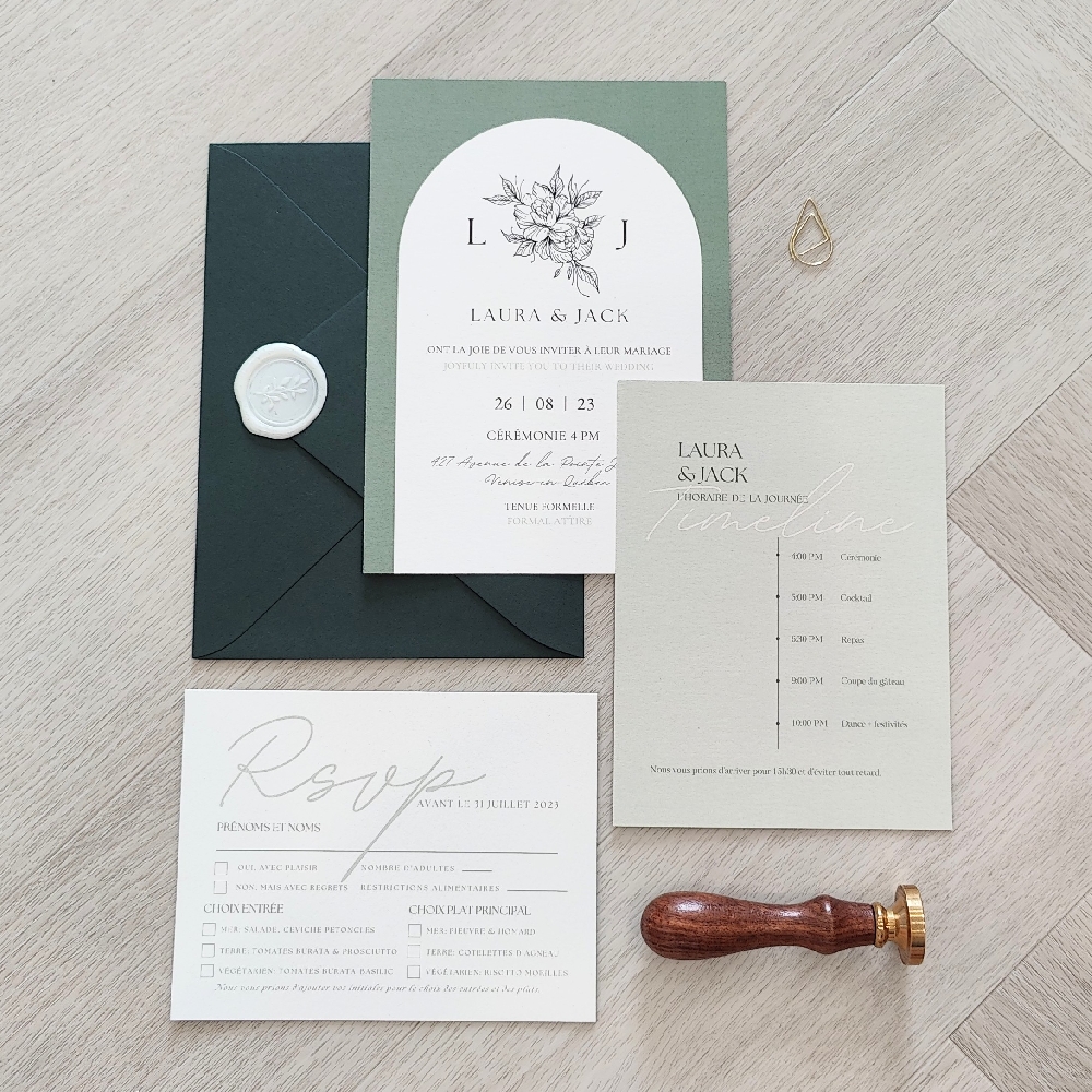 This is a wedding invitation suite showcasing various tones of green colors.  They are all flat digitally printed cards showing varying sage green colors.  The main layout also has an arch shape design encompassing the main layout wording.  The suite of cards is matched with an emerald green envelope and white wax seal.
This wedding took place at a private residence in Quebec, Canada.
Weddings in Quebec offer a magical blend of European charm, breathtaking scenery, and rich cultural heritage. From the cobblestone streets of Old Quebec City to the elegant vineyards and grand countryside estates, Quebec provides an unforgettable backdrop for every style of celebration. This is a wedding invitation suite showcasing various tones of green colors.  They are all flat digitally printed cards showing varying sage green colors.  The main layout also has an arch shape design encompassing the main layout wording.  The suite of cards is matched with an emerald green envelope and white wax seal.
This wedding took place at a private residence in Quebec, Canada.
Weddings in Quebec offer a magical blend of European charm, breathtaking scenery, and rich cultural heritage. From the cobblestone streets of Old Quebec City to the elegant vineyards and grand countryside estates, Quebec provides an unforgettable backdrop for every style of celebration.