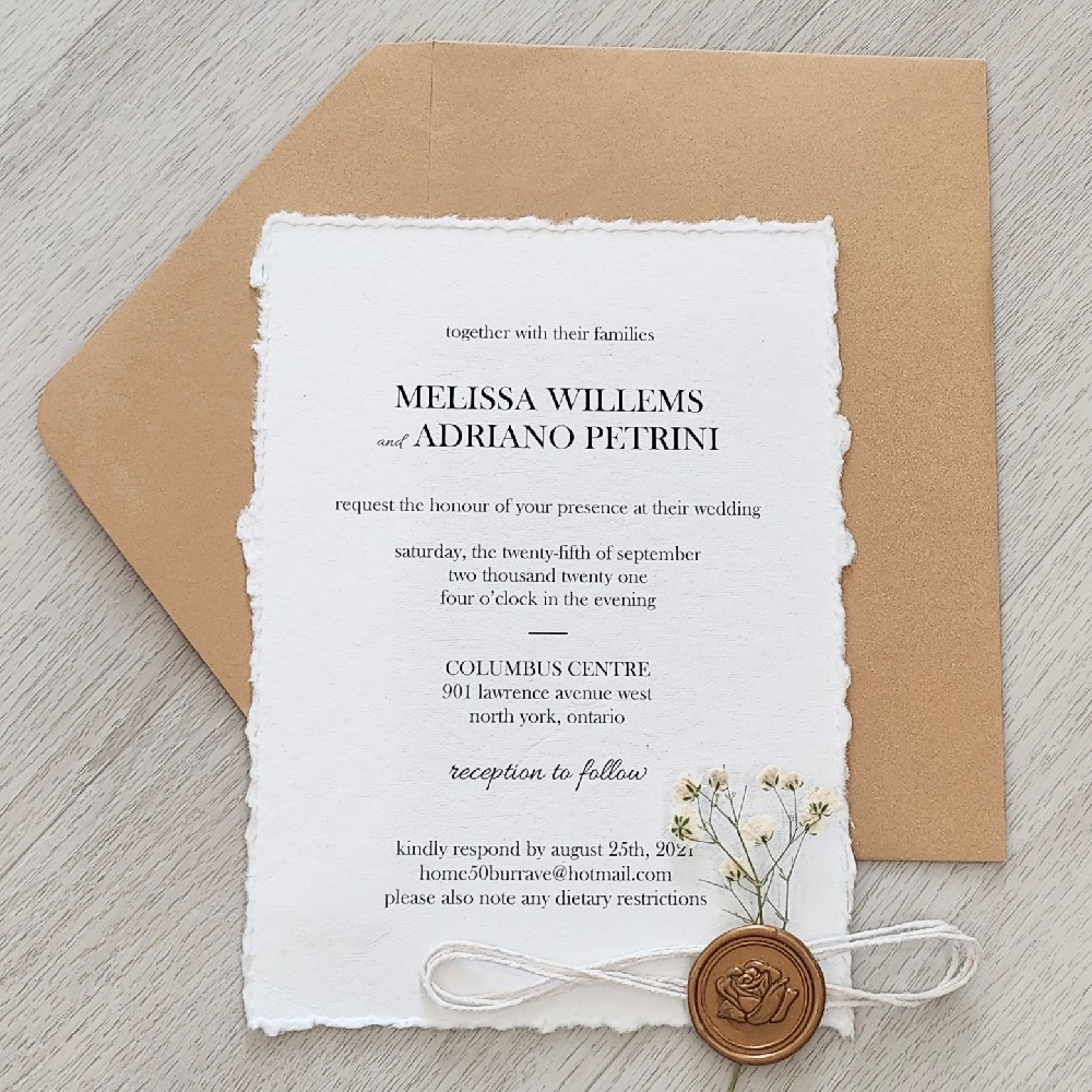 This is a deckle edge torn wedding invitation using a premium white cotton paper.  There is a string with gold rose wax seal embellishment, along with a dried baby\'s breath flower attached.  This is paired with a metallic gold envelope.
This wedding took place at the Columbus Centre in Toronto, Canada.
The Columbus Centre in Toronto offers a beautiful blend of culture, elegance, and romance — a perfect backdrop for your wedding day. Located at 901 Lawrence Avenue West, this Italian-inspired venue features timeless architecture, manicured gardens, and versatile event spaces that can be tailored to suit both intimate celebrations and grand receptions.
Couples can exchange vows in the picturesque outdoor courtyard or garden area, then celebrate in the spacious banquet hall with its stunning chandeliers and sophisticated décor. The in-house catering team, led by Ristorante Boccaccio, provides exceptional Italian cuisine that adds an authentic and memorable touch to every wedding.
With its central location, elegant atmosphere, and delicious food, the Columbus Centre is a wonderful choice for couples who want a classic and romantic Toronto wedding.
At Stephita Wedding Invitations, we’ve created many invitation designs for couples celebrating at the Columbus Centre — from timeless embossed suites to modern foil-stamped cards — all beautifully customized to match the venue’s elegant style. This is a deckle edge torn wedding invitation using a premium white cotton paper.  There is a string with gold rose wax seal embellishment, along with a dried baby\'s breath flower attached.  This is paired with a metallic gold envelope.
This wedding took place at the Columbus Centre in Toronto, Canada.
The Columbus Centre in Toronto offers a beautiful blend of culture, elegance, and romance — a perfect backdrop for your wedding day. Located at 901 Lawrence Avenue West, this Italian-inspired venue features timeless architecture, manicured gardens, and versatile event spaces that can be tailored to suit both intimate celebrations and grand receptions.
Couples can exchange vows in the picturesque outdoor courtyard or garden area, then celebrate in the spacious banquet hall with its stunning chandeliers and sophisticated décor. The in-house catering team, led by Ristorante Boccaccio, provides exceptional Italian cuisine that adds an authentic and memorable touch to every wedding.
With its central location, elegant atmosphere, and delicious food, the Columbus Centre is a wonderful choice for couples who want a classic and romantic Toronto wedding.
At Stephita Wedding Invitations, we’ve created many invitation designs for couples celebrating at the Columbus Centre — from timeless embossed suites to modern foil-stamped cards — all beautifully customized to match the venue’s elegant style.
