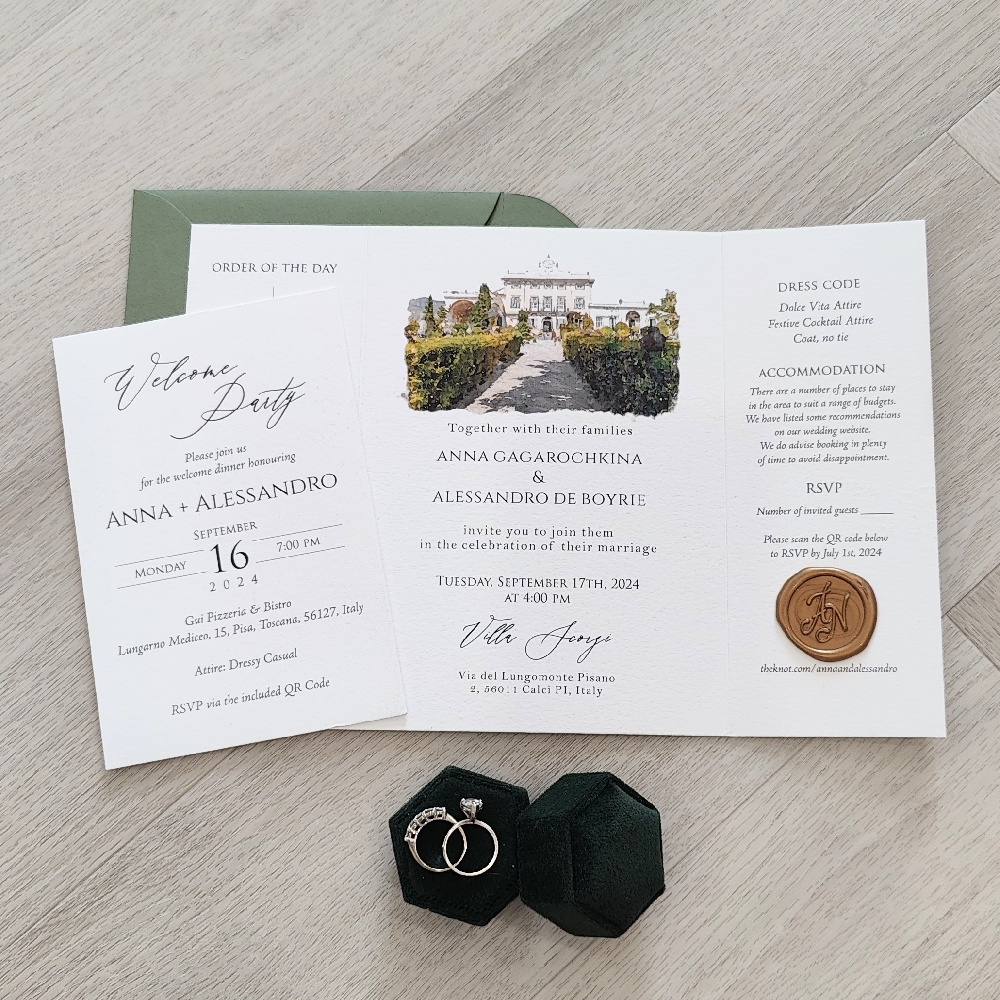 This is a gate fold style wedding card with a gold wax seal embellishment.  It is a paired with a mid green envelope.  There is an additional insert that highlights details for the wedding guests to know.  On the main layout, there is a venue sketch at the top.  On the side panels, there is a timeline of the events and RSVP details on the other side.
This was a destination wedding taking place at the Villa Scorzi in Italy.
Villa Scorzi is a breathtaking wedding venue located in San Giuliano Terme, near Pisa in the Tuscany region of Italy. Surrounded by the rolling Tuscan hills, olive groves, and vineyards, the villa offers a picture-perfect backdrop for couples dreaming of a romantic Italian countryside wedding. This historic estate dates back centuries and features elegant architecture, manicured gardens, and a grand courtyard that creates a truly enchanting atmosphere.
Weddings at Villa Scorzi are known for their sophisticated yet relaxed ambiance. Ceremonies can take place in the villa’s scenic outdoor spaces, under the Tuscan sun, or within one of the refined indoor halls that showcase rustic stone walls and vaulted ceilings. Receptions often feature long banquet tables, candlelight, and authentic Italian cuisine prepared with local ingredients. The venue also offers on-site accommodations for the wedding couple and guests, providing a private and luxurious retreat.
Just a short drive from Pisa, Lucca, and Florence, Villa Scorzi blends history, romance, and Italian charm—making it a perfect choice for destination weddings in Tuscany. This is a gate fold style wedding card with a gold wax seal embellishment.  It is a paired with a mid green envelope.  There is an additional insert that highlights details for the wedding guests to know.  On the main layout, there is a venue sketch at the top.  On the side panels, there is a timeline of the events and RSVP details on the other side.
This was a destination wedding taking place at the Villa Scorzi in Italy.
Villa Scorzi is a breathtaking wedding venue located in San Giuliano Terme, near Pisa in the Tuscany region of Italy. Surrounded by the rolling Tuscan hills, olive groves, and vineyards, the villa offers a picture-perfect backdrop for couples dreaming of a romantic Italian countryside wedding. This historic estate dates back centuries and features elegant architecture, manicured gardens, and a grand courtyard that creates a truly enchanting atmosphere.
Weddings at Villa Scorzi are known for their sophisticated yet relaxed ambiance. Ceremonies can take place in the villa’s scenic outdoor spaces, under the Tuscan sun, or within one of the refined indoor halls that showcase rustic stone walls and vaulted ceilings. Receptions often feature long banquet tables, candlelight, and authentic Italian cuisine prepared with local ingredients. The venue also offers on-site accommodations for the wedding couple and guests, providing a private and luxurious retreat.
Just a short drive from Pisa, Lucca, and Florence, Villa Scorzi blends history, romance, and Italian charm—making it a perfect choice for destination weddings in Tuscany.