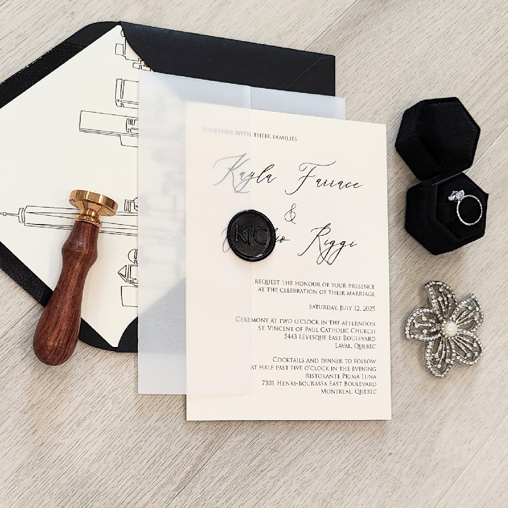 Single card wedding invite with a full vellum wrap and black wax seal.  Black envelope with a custom city skyline envelope liner.