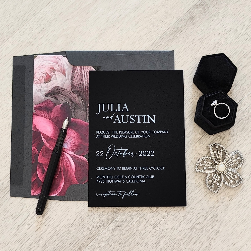 Black Acrylic wedding invite with a black envelope and floral printed envelope liner