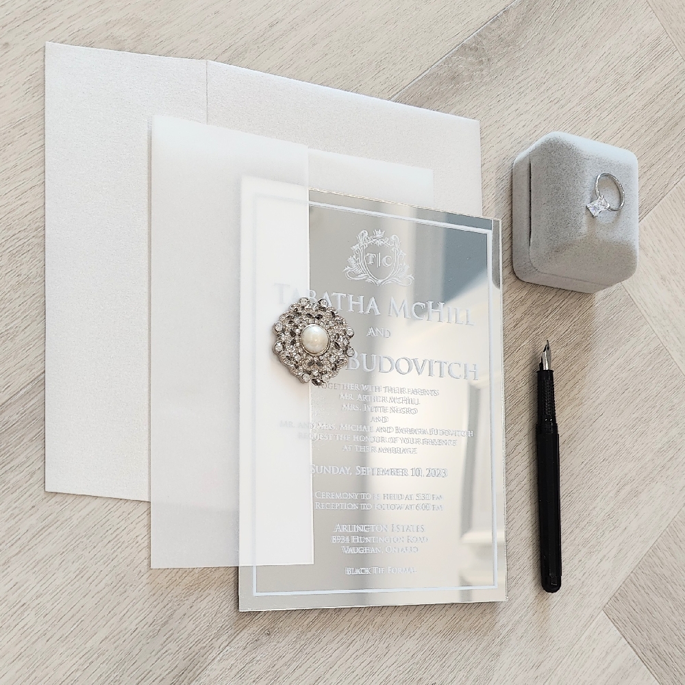 Silver Mirror Acrylic Wedding Invitation with a Vellum Wrap enclosure.