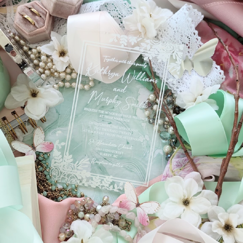 Happy Saturday everyone! Hope your weekend has been going well. Here is another selection from our acrylic invitation line. Contact us to find out your options.