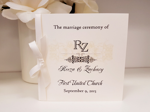 Ceremony Program CP5: Brown Ribbon - Ceremony Program printed directly on a folded cream or white smooth card stock adorned with a 3/8 satin ribbon.