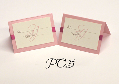 Placecard PC5: Pink Pearl, White Smooth, Azalea Ribbon - A tented style placecard with pearl paper folder and a 3/8 satin ribbon stripe.