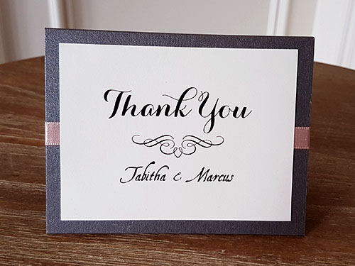 Thank You Card TY5: Brown Pearl, Cream Smooth, Brown Ribbon - Thank You Card with a printed cover design and ribbon stripe glued to a folded pearl paper folder.