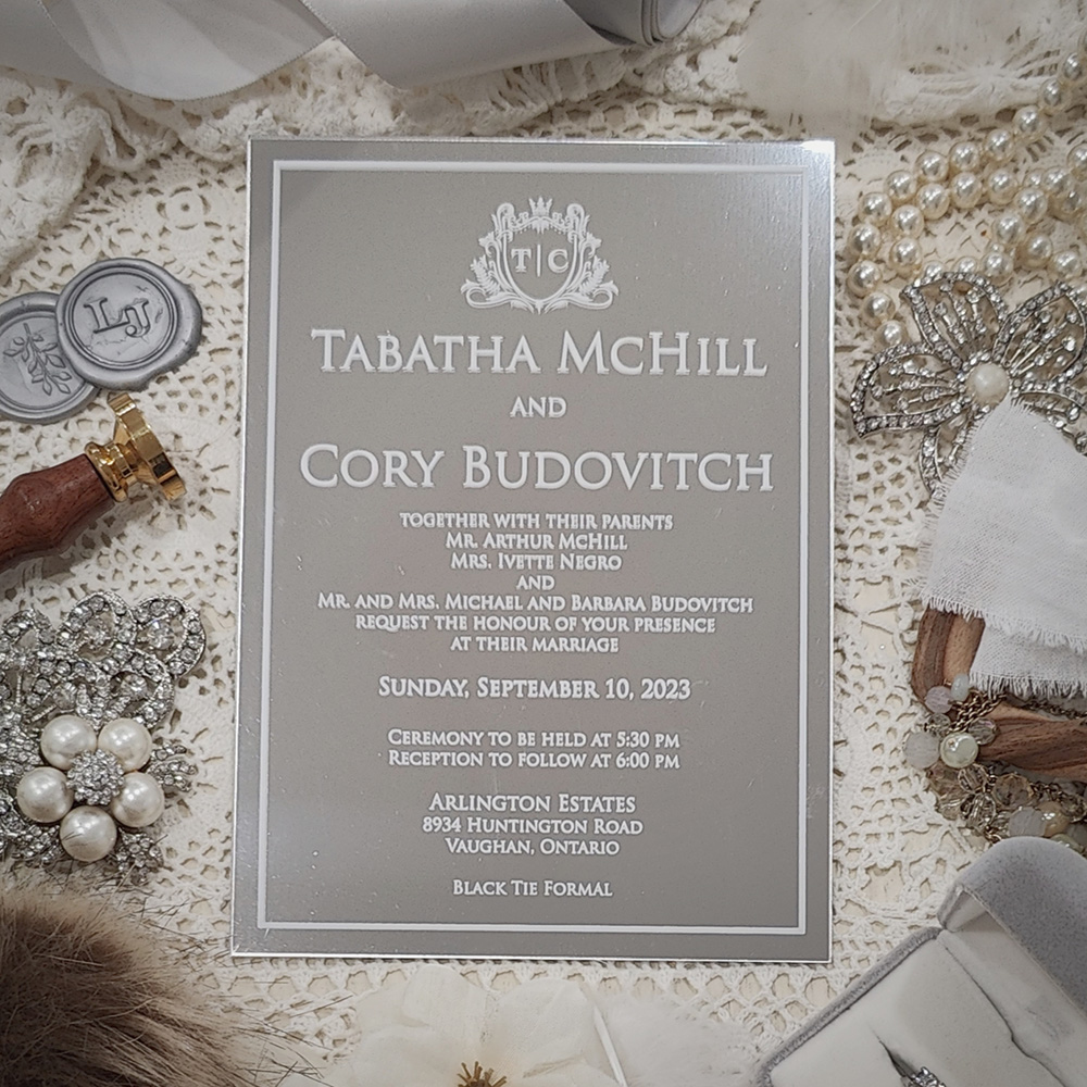 Invitation 5103: Acrylic - Mirror - silver mirror acrylic invite with white lettering