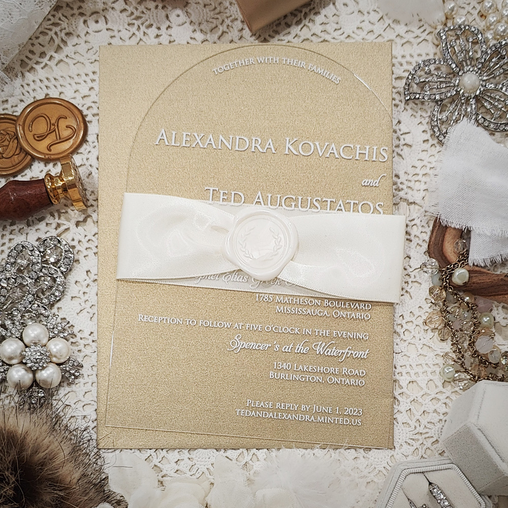 Invitation 5104: Acrylic - Clear, Ivory Wax, Antique Ribbon - arched acrylic invitation with white lettering and antique ribbon with ivory wax seal