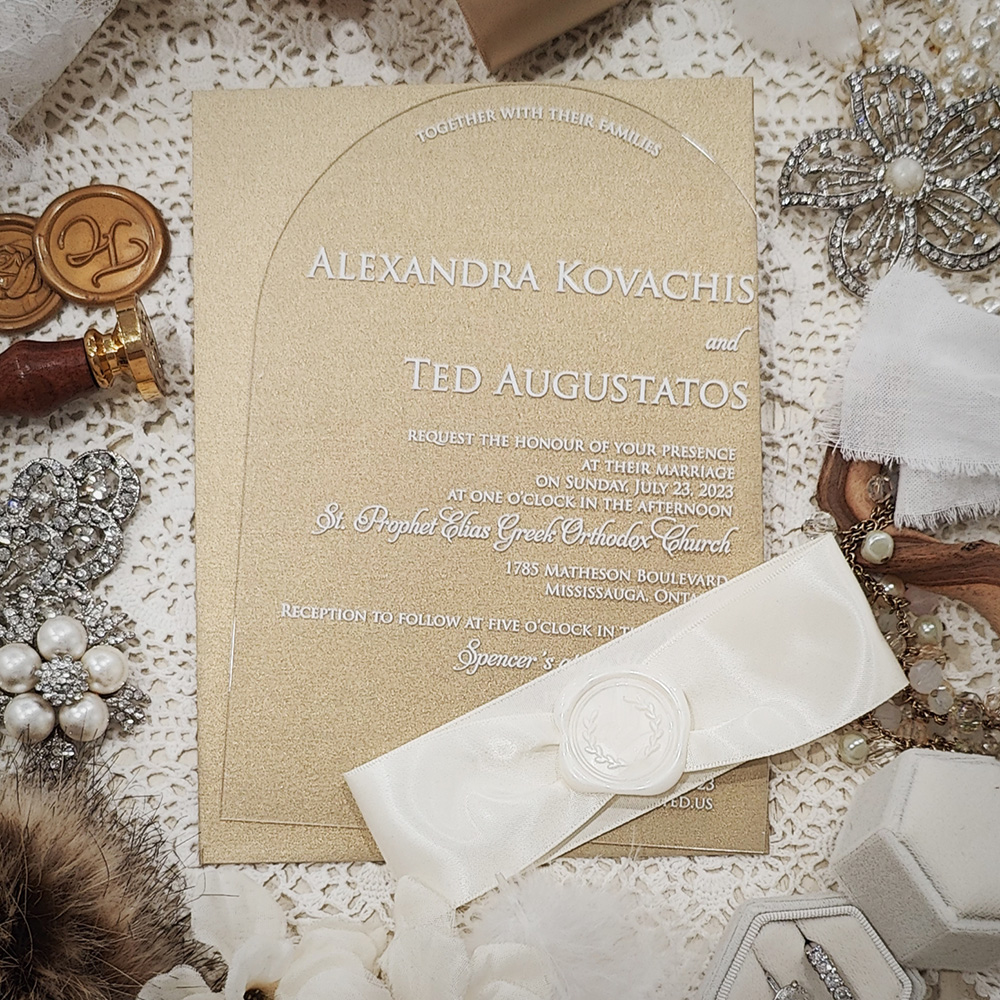 Invitation 5104: Acrylic - Clear, Ivory Wax, Antique Ribbon - arched acrylic invitation with white lettering and antique ribbon with ivory wax seal