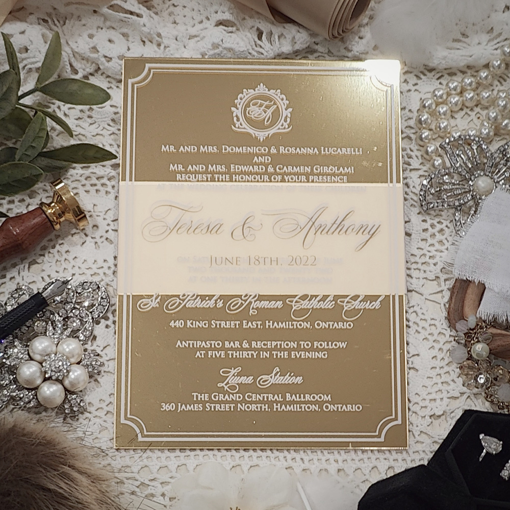 Invitation 5105: Acrylic - Mirror - gold mirror acrylic invite with white print and vellum band