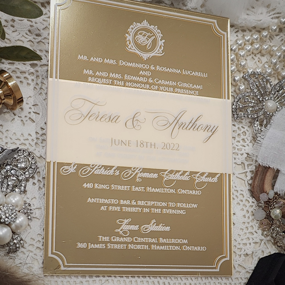 Invitation 5105: Acrylic - Mirror - gold mirror acrylic invite with white print and vellum band