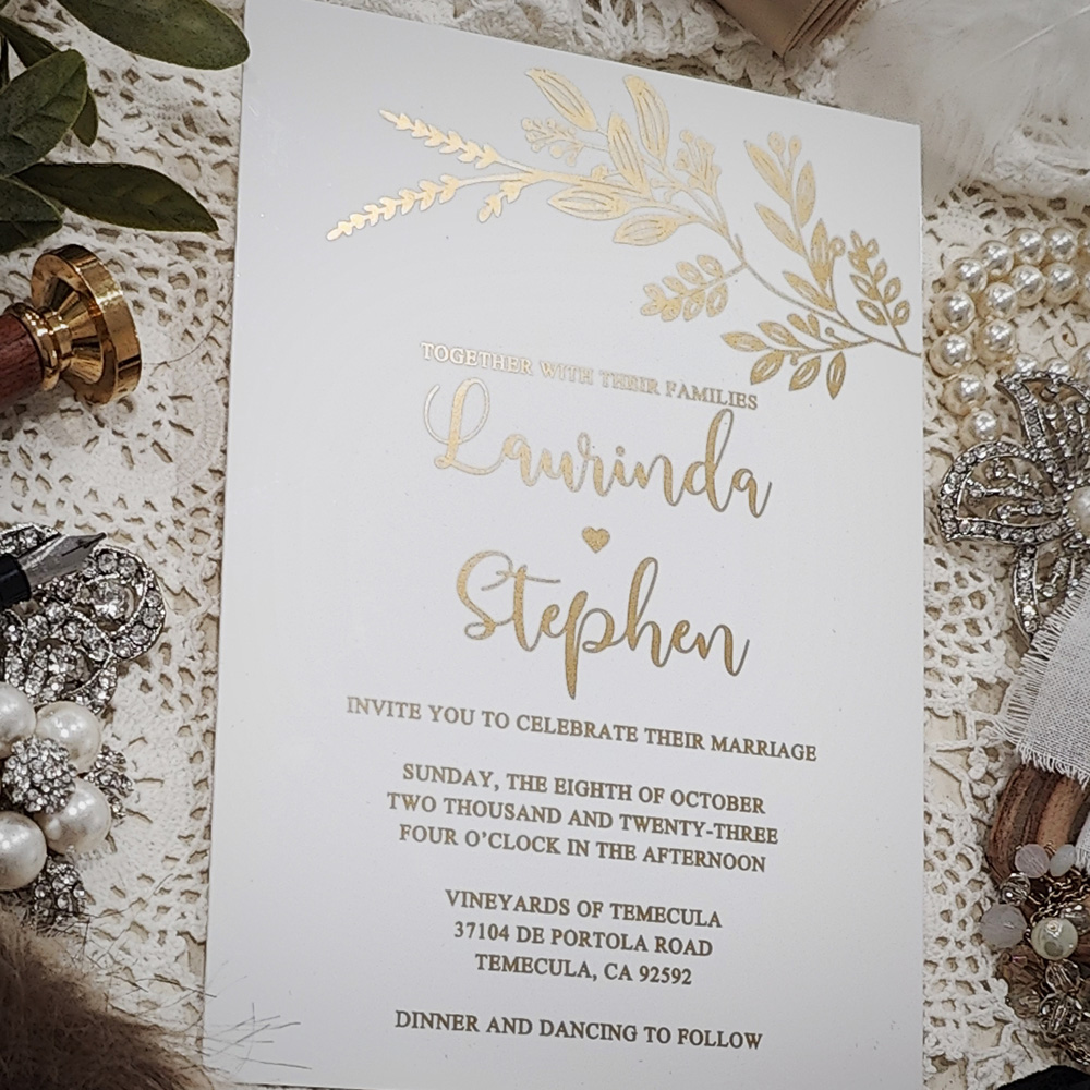 Invitation 5106: Acrylic - Ivory - gold foil white acrylic branch invite