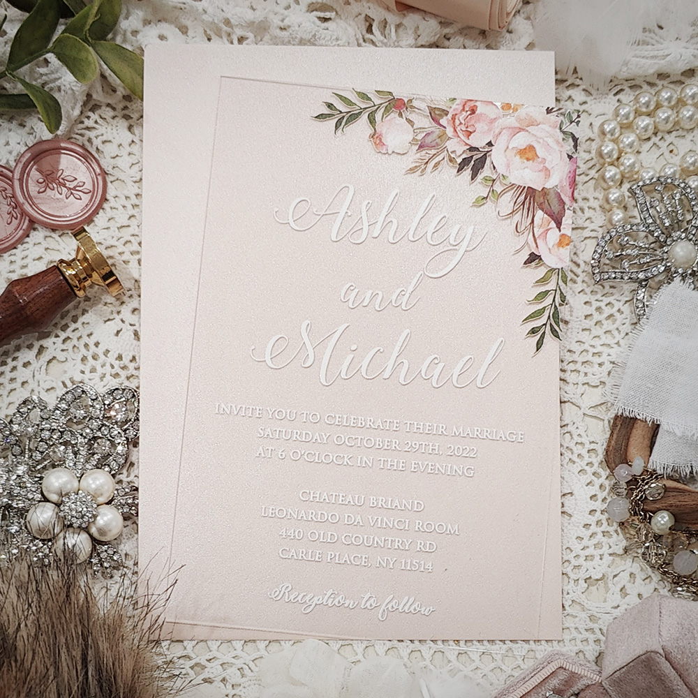 Invitation 5107: Acrylic - Clear - acrylic floral invite with white lettering