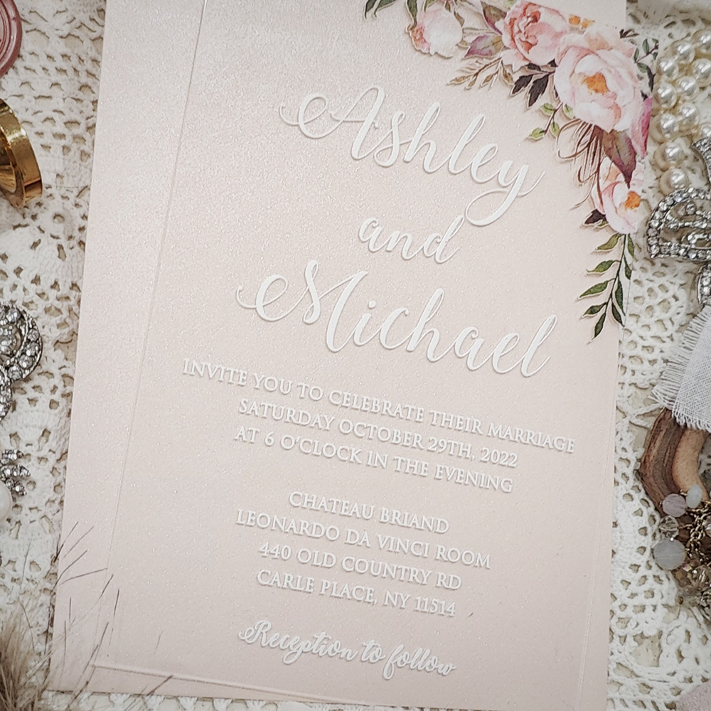Invitation 5107: Acrylic - Clear - acrylic floral invite with white lettering