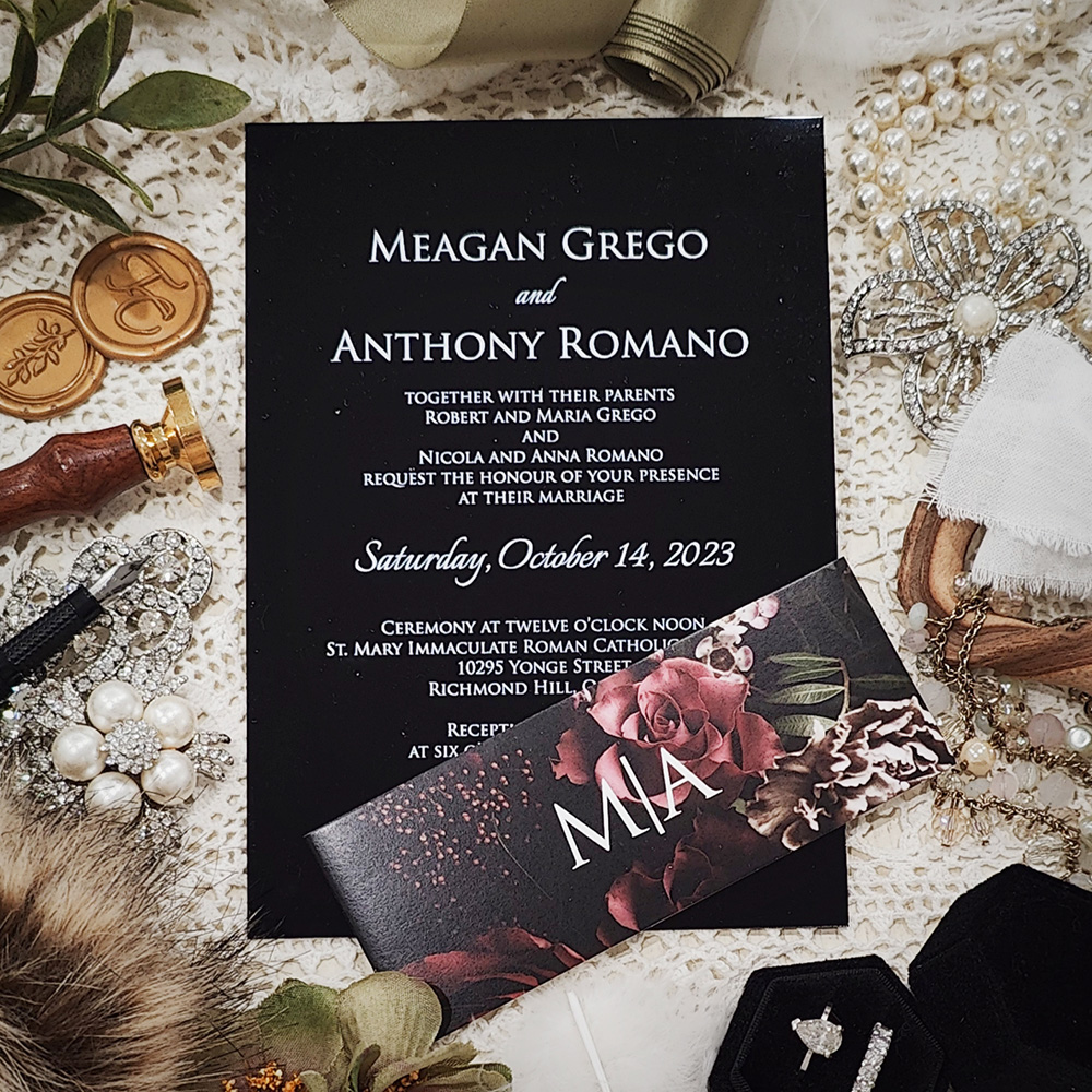 Invitation 5109: Acrylic - Black - Black acrylic invite with white ink and full color floral band