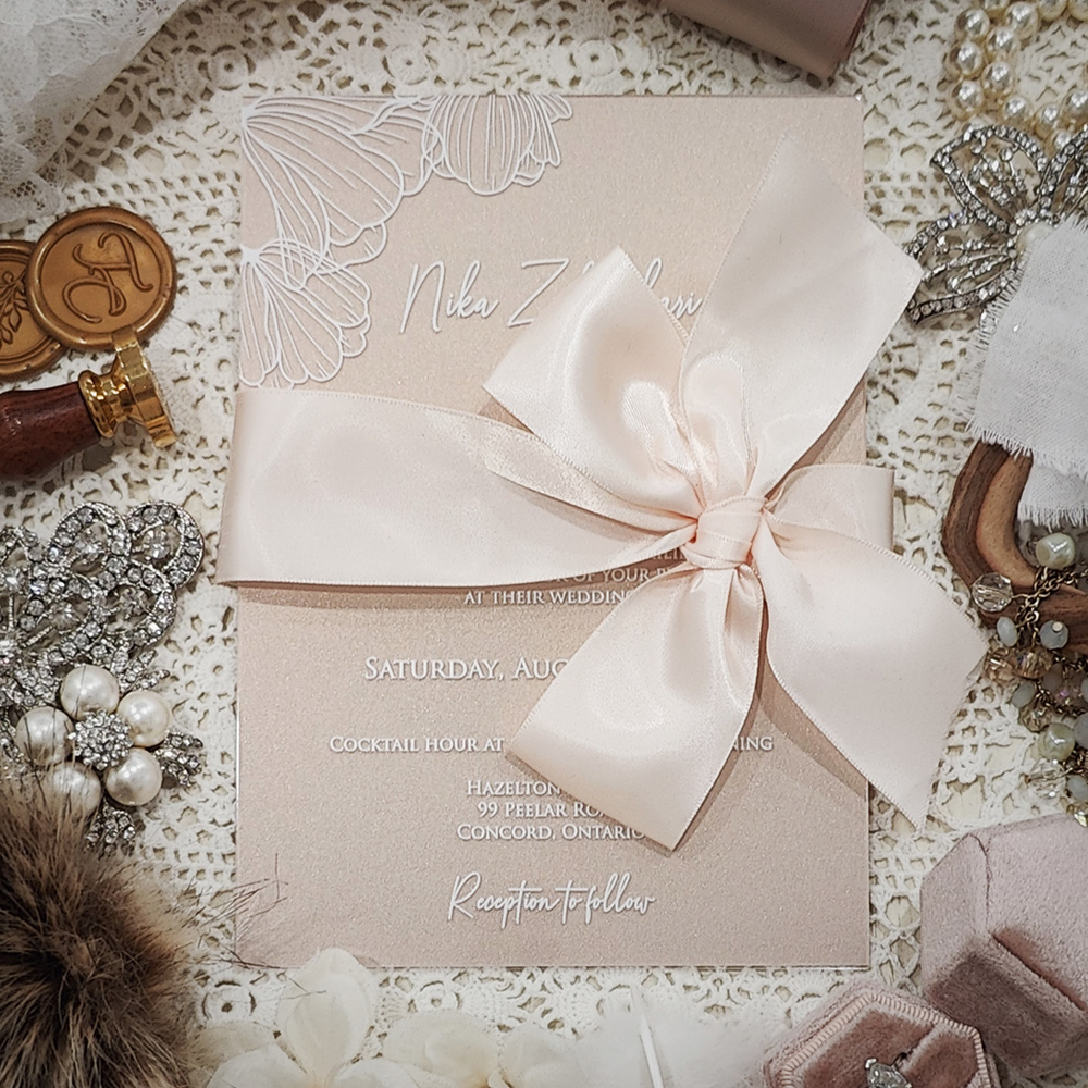 Invitation 5111: Acrylic - Clear, Blush Pearl, Petal Pink Ribbon - acrylic invite with white ink floral design and blush bow