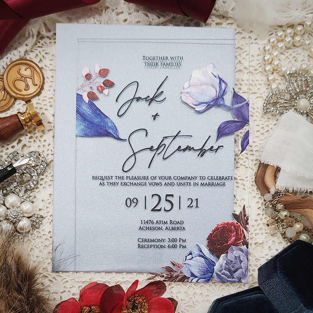 Invitation 5113: Acrylic - Clear - navy and burgundy floral acrylic invitation