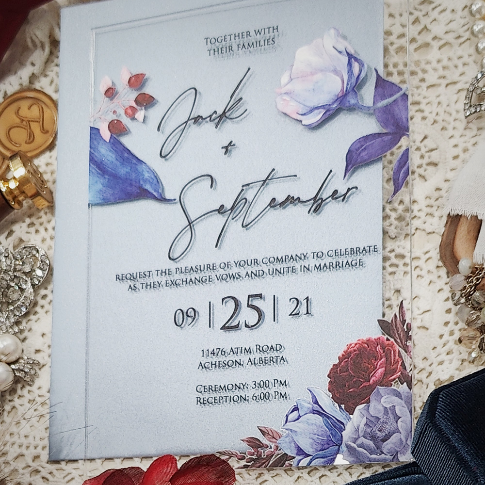 Invitation 5113: Acrylic - Clear - navy and burgundy floral acrylic invitation