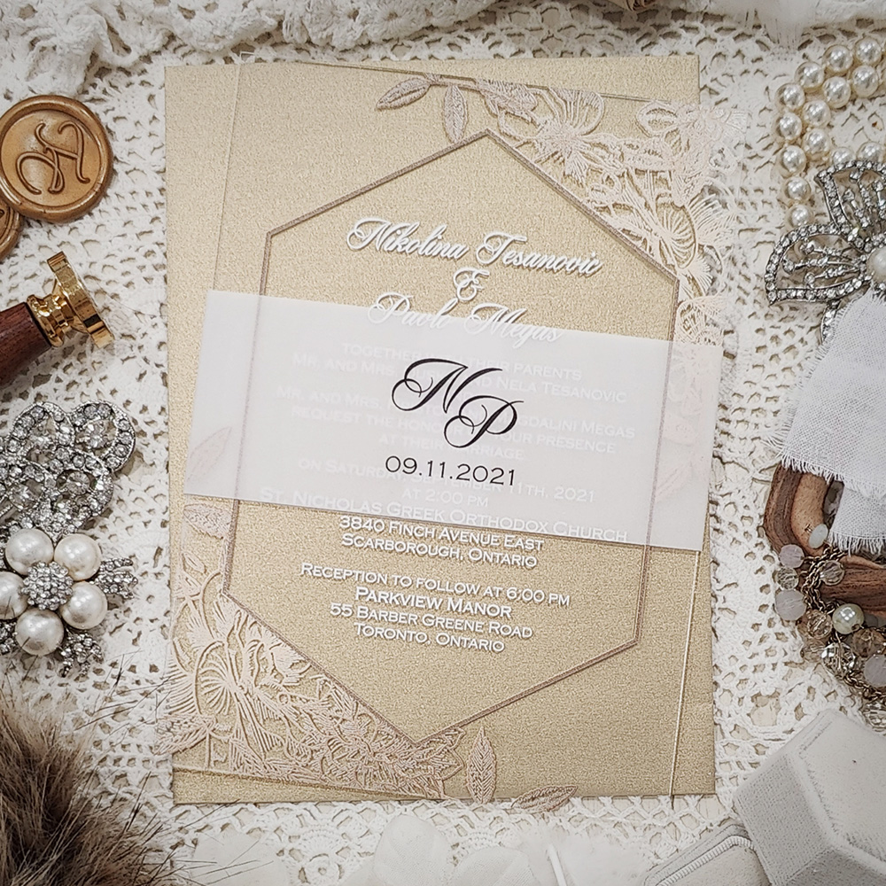 Invitation 5114: Acrylic - Clear - Acrylic floral border invite with gold and white print and vellum band