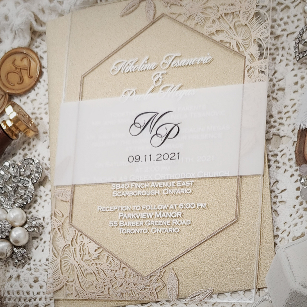 Invitation 5114: Acrylic - Clear - Acrylic floral border invite with gold and white print and vellum band