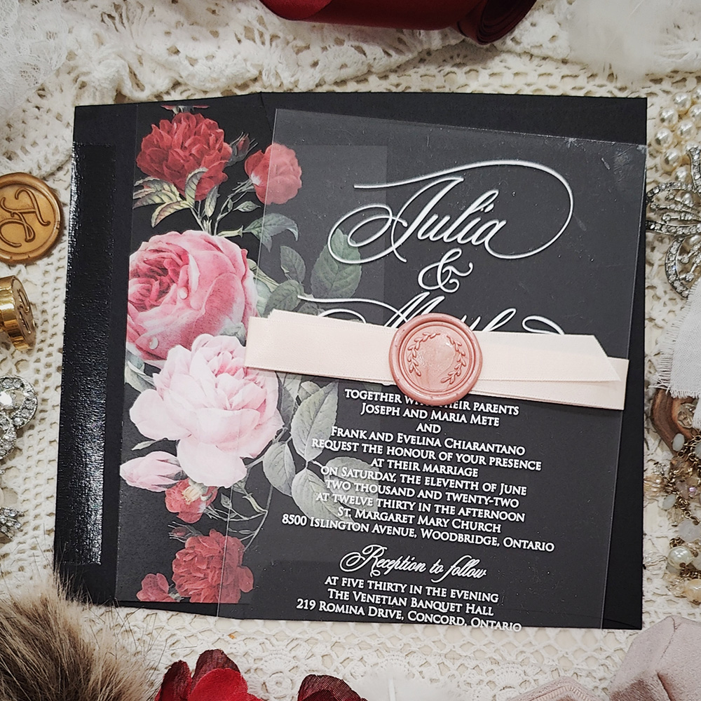 Invitation 5118:  - acrylic invite with white ink blush ribbon and blush wax seal